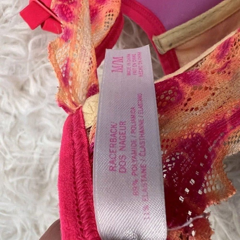Pink By Victoria's Secret Orange & Pink Lace Tie Dye Racerback Padded Bra Medium - Picture 9 of 12